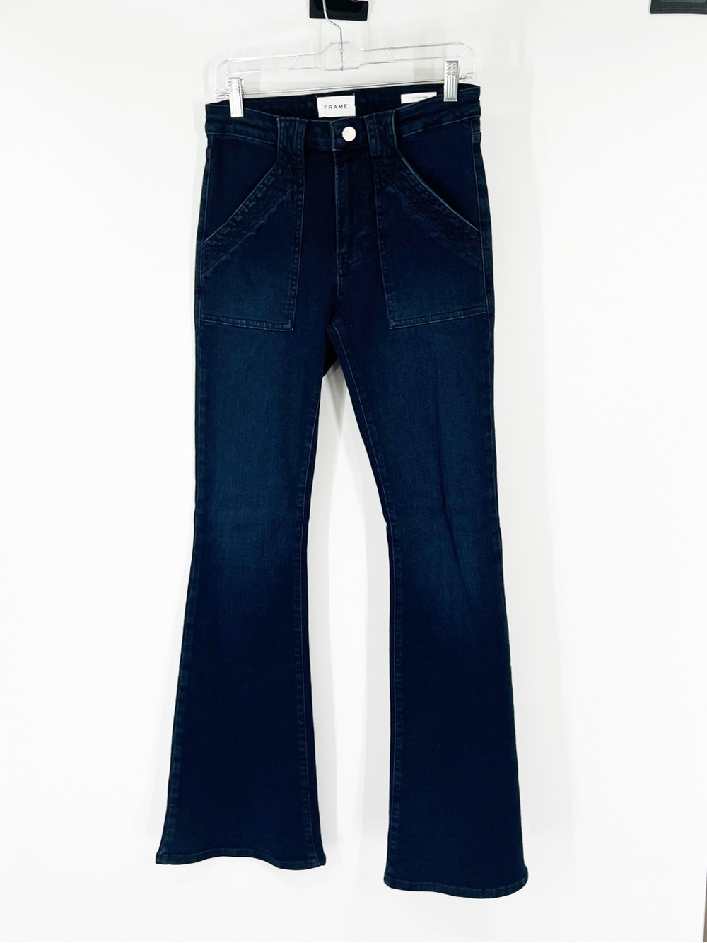 Frame Denim Trapunto St. Le High Flare Jeans in Onyx Indigo Clean